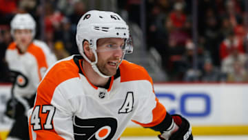 DETROIT, MI - FEBRUARY 17: Philadelphia Flyers defenseman Andrew MacDonald (47) looks on during a regular season NHL hockey game between the Philadelphia Flyers and the Detroit Red Wings on February 17, 2019. at Little Caesars Arena in Detroit, Michigan. (Photo by Scott Grau/Icon Sportswire via Getty Images)