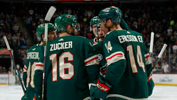 ST. PAUL, MN - FEBRUARY 7: Joel Eriksson Ek #14 of the Minnesota Wild celebrates his 3rd period goal with Jason Zucker #16 of the Minnesota Wild, Jared Spurgeon #46 of the Minnesota Wild, Luke Kunin #19 of the Minnesota Wild and Ryan Suter #20 of the Minnesota Wild during a game with the Edmonton Oilers at Xcel Energy Center on February 7, 2019 in St. Paul, Minnesota.(Photo by Bruce Kluckhohn/NHLI via Getty Images)