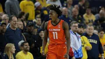 ANN ARBOR, MI - JANUARY 25: Ayo Dosunmu #11 of the Illinois Fighting Illini celebrates after making the game winning basket again Michigan Wolverines at Crisler Center on January 25, 2020 in Ann Arbor, Michigan. Illinois defeated Michigan 64-62. (Photo by Leon Halip/Getty Images)