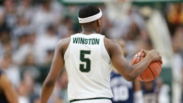 EAST LANSING, MI - JANUARY 31: Cassius Winston #5 of the Michigan State Spartans handles the ball during a game against the Penn State Nittany Lions in the second half at Breslin Center on January 31, 2018 in East Lansing, Michigan. (Photo by Rey Del Rio/Getty Images)