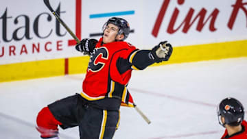 Nov 16, 2016; Calgary, Alberta, CAN; Calgary Flames left wing Matthew Tkachuk (19) celebrates his goal against the Arizona Coyotes during the third period at Scotiabank Saddledome. Calgary Flames won 2-1. Mandatory Credit: Sergei Belski-USA TODAY Sports