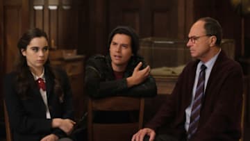 Riverdale -- "Chapter Seventy-Three: The Locked Room-" -- Image Number: RVD416a_0488b -- Pictured (L - R): Sarah Desjardins as Donna Sweet, Cole Sprouse as Jughead Jones and Malcolm Stewart as Francis Dupont -- Photo:Bettina Strauss/The CW -- © 2020 The CW Network, LLC. All Rights Reserved.