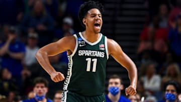 Mar 20, 2022; Greenville, SC, USA; Michigan State Spartans guard A.J. Hoggard (11) reacts against the Duke Blue Devils in the second half during the second round of the 2022 NCAA Tournament at Bon Secours Wellness Arena. Mandatory Credit: Bob Donnan-USA TODAY Sports