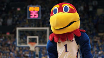 LAWRENCE, KS - DECEMBER 02: The Kansas Jayhawk mascot during the game between the UCLA Bruins and the Kansas Jayhawks on December 2, 2010 at Allen Fieldhouse in Lawrence, Kansas. (Photo by Jamie Squire/Getty Images)