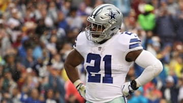LANDOVER, MD - OCTOBER 29: Running back Ezekiel Elliott #21 of the Dallas Cowboys celebrates a touchdown against the Washington Redskins during the first quarter at FedEx Field on October 29, 2017 in Landover, Maryland. (Photo by Patrick Smith/Getty Images)