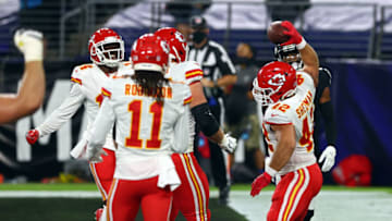 BALTIMORE, MARYLAND - SEPTEMBER 28: Anthony Sherman #42 of the Kansas City Chiefs spikes the ball after scoring a touchdown against the Baltimore Ravens during the second quarter at M&T Bank Stadium on September 28, 2020 in Baltimore, Maryland. (Photo by Todd Olszewski/Getty Images)