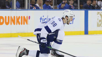 NEW YORK, NEW YORK - JUNE 09: Mikhail Sergachev #98 of the Tampa Bay Lightning celebrates after shooting the go-ahead goal against the New York Rangers during the third period in Game Five of the Eastern Conference Final of the 2022 Stanley Cup Playoffs at Madison Square Garden on June 09, 2022 in New York City. The goal was later credited to Ondrej Palat #18 of the Tampa Bay Lightning . (Photo by Bruce Bennett/Getty Images)