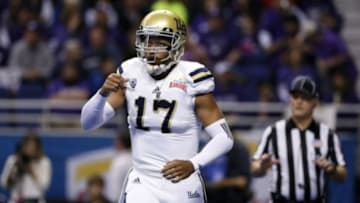 Jan 2, 2015; San Antonio, TX, USA; UCLA Bruins quarterback Brett Hundley (17) reacts after scoring a touchdown during the first half of the 2015 Alamo Bowl against the Kansas State Wildcats at Alamodome. Mandatory Credit: Soobum Im-USA TODAY Sports