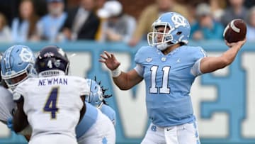 CHAPEL HILL, NC - NOVEMBER 18: Nathan Elliott #11 of the North Carolina Tar Heels drops back to pass against the Western Carolina Catamounts at Kenan Stadium on November 18, 2017 in Chapel Hill, North Carolina. (Photo by Lance King/Getty Images)