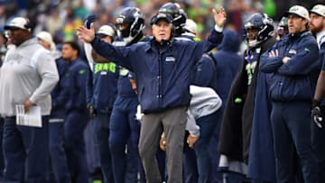 SEATTLE, WASHINGTON - JANUARY 08: Head coach Pete Carroll of the Seattle Seahawks reacts on the sideline during the third quarter against the Los Angeles Rams at Lumen Field on January 08, 2023 in Seattle, Washington. (Photo by Jane Gershovich/Getty Images)