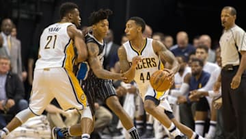 Nov 14, 2016; Indianapolis, IN, USA; Indiana Pacers guard Jeff Teague (44) dribbles the ball while Orlando Magic guard Elfrid Payton (4) defends in the second quarter of the game at Bankers Life Fieldhouse. Mandatory Credit: Trevor Ruszkowski-USA TODAY Sports