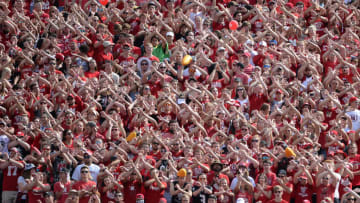 LINCOLN, NE - SEPTEMBER 23: Student fans of the Nebraska Cornhuskers celebrate a stop against the Rutgers Scarlet Knights at Memorial Stadium on September 23, 2017 in Lincoln, Nebraska. (Photo by Steven Branscombe/Getty Images)