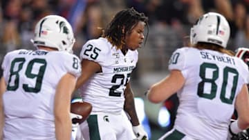 COLUMBUS, OH - OCTOBER 5: Darrell Stewart Jr. #25 of the Michigan State Spartans celebrates in the end zone after catching a 20-yard pass for a touchdown in the second quarter against the Ohio State Buckeyes at Ohio Stadium on October 5, 2019 in Columbus, Ohio. (Photo by Jamie Sabau/Getty Images)