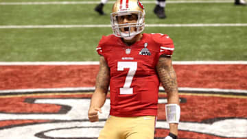 NEW ORLEANS, LA - FEBRUARY 03: Colin Kaepernick #7 of the San Francisco 49ers reacts after he scored a 15-yard rushing touchdown in the fourth quarter against the Baltimore Ravens during Super Bowl XLVII at the Mercedes-Benz Superdome on February 3, 2013 in New Orleans, Louisiana. The Ravens won 34-31. (Photo by Ronald Martinez/Getty Images)