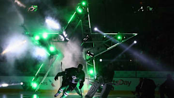DALLAS, TX - DECEMBER 22: The Dallas Stars skate onto the ice before a game against the Chicago Blackhawks at American Airlines Center on December 22, 2015 in Dallas, Texas. (Photo by Ronald Martinez/Getty Images)