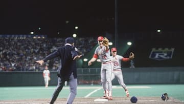 Baseball: World Series: St. Louis Cardinals Todd Worrell (38) upset with umpire Don Denkinger (11) after making safe call at 1st base vs Kansas City Royals. Denkinger called Royals Jorge Orta (3) safe at first. View of Cardinals Tom Herr (28). Game 6. Kansas City, MO 10/26/1985 CREDIT: Richard Mackson (Photo by Richard Mackson /Sports Illustrated/Getty Images) (Set Number: X32248 TK6 )