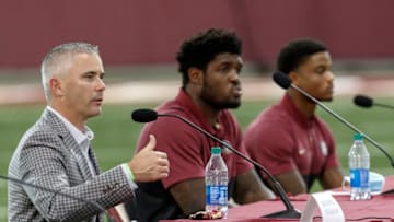 TALLAHASSEE, FL - AUGUST 11: Head coach Mike Norvell of the Florida State Seminoles speaks during a collegiate athletics roundtable about fall sports at the Albert J. Dunlap Athletic Training Facility on the campus of Florida State University on August 11, 2020 in Tallahassee, Florida. (Photo by Don Juan Moore/Getty Images)