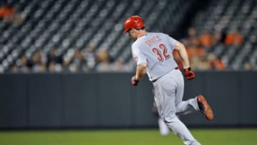 Sep 2, 2014; Baltimore, MD, USA; Cincinnati Reds right fielder Jay Bruce (32) rounds second base after hitting a grand slam in the eighth inning against the Baltimore Orioles at Oriole Park at Camden Yards. The Orioles defeated the Reds 5-4. Mandatory Credit: Joy R. Absalon-USA TODAY Sports