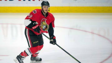 Dec 30, 2015; Ottawa, Ontario, CAN; Ottawa Senators defenseman Fredrik Claesson (49 skates with the puck in the third period against the New Jersey Devils at the Canadian Tire Centre. The Devils defeated the Senators 3-0. Mandatory Credit: Marc DesRosiers-USA TODAY Sports