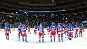 NEW YORK, NY - FEBRUARY 23: The New York Rangers celebrate after defeating the New Jersey Devils 5-2 at Madison Square Garden on February 23, 2019 in New York City. (Photo by Jared Silber/NHLI via Getty Images)