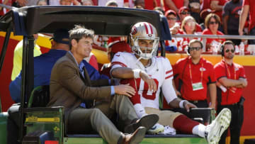 KANSAS CITY, MO - SEPTEMBER 23: Jimmy Garoppolo #10 of the San Francisco 49ers is carted off the field after an injury during the fourth quarter of the game against the Kansas City Chiefs at Arrowhead Stadium on September 23rd, 2018 in Kansas City, Missouri. (Photo by David Eulitt/Getty Images)