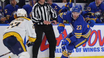 Dec 3, 2023; Buffalo, New York, USA; Buffalo Sabres defenseman Mattias Samuelsson (23) looks to make a pass as Nashville Predators defenseman Ryan McDonagh (27) defends during the second period at KeyBank Center. Mandatory Credit: Timothy T. Ludwig-USA TODAY Sports