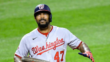 Howie Kendrick #47 of the Washington Nationals reacts against the New York Mets at Citi Field on August 11, 2020 in New York City. (Photo by Steven Ryan/Getty Images)