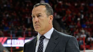RALEIGH, NC - NOVEMBER 11: Chicago Blackhawks assistant coach Kevin Dineen walks to the locker room during a game between the Carolina Hurricanes and the Chicago Blackhawks at the PNC Arena on Raleigh, NC on November 11, 2017. Chicago defeated Carolina 4-3 in overtime. (Photo by Greg Thompson/Icon Sportswire via Getty Images)