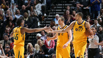 SALT LAKE CITY, UT - FEBRUARY 14: Donovan Mitchell #45, Joe Ingles #2, and Rudy Gobert #27 of the Utah Jazz against the Phoenix Suns on February 14, 2018 at Vivint Smart Home Arena in Salt Lake City, Utah. Copyright 2018 NBAE (Photo by Melissa Majchrzak/NBAE via Getty Images)