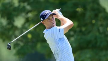 DUBLIN, OHIO - JULY 18: Justin Thomas of the United States plays his shot from the fifth tee during the third round of The Memorial Tournament on July 18, 2020 at Muirfield Village Golf Club in Dublin, Ohio. (Photo by Sam Greenwood/Getty Images)