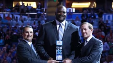 Mar 27, 2015; Orlando, FL, USA; Former NBA player Shaquille O'Neal is introduced as he was inducted into the Magic Hall of Fame during the first half against the Detroit Pistons at Amway Center. Mandatory Credit: Kim Klement-USA TODAY Sports