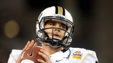 Jan 1, 2014; Glendale, AZ, USA; Central Florida Knights quarterback Blake Bortles (5) warms up prior to the game against the Baylor Bears during the Fiesta Bowl at University of Phoenix Stadium. Mandatory Credit: Mark J. Rebilas-USA TODAY Sports