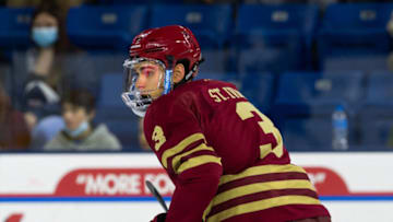 LOWELL, MA - NOVEMBER 13: Jack St. Ivany #3 of the Boston College Eagles skates against the Massachusetts Lowell River Hawks during NCAA men's hockey at the Tsongas Center on November 13, 2021 in Lowell, Massachusetts. The River Hawks won 4-2. (Photo by Richard T Gagnon/Getty Images)