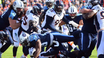 Dec 11, 2016; Nashville, TN, USA; Tennessee Titans running back DeMarco Murray (29) dives for a touchdown during the first half against the Denver Broncos at Nissan Stadium. Mandatory Credit: Christopher Hanewinckel-USA TODAY Sports