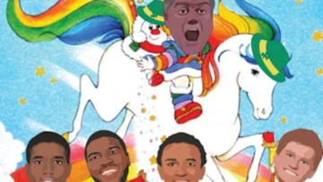 Brian Kelly and his quarterbacks: Brandon Whimbush, Malik Zaire, DeShone Kizer, and Montgomery VanGorder. Artwork via Kelly Bloor @phillykelly