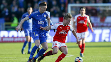 FLEETWOOD, ENGLAND - JANUARY 06: Kyle Dempsey of Fleetwood Town holds off Andy King of Leicester City during The Emirates FA Cup third round match between Fleetwood Town and Leicester City at Highbury Stadium on January 6, 2018 in Fleetwood, England. (Photo by Jan Kruger/Getty Images)