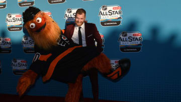 SAN JOSE, CA - JANUARY 25: Philadelphia Flyers center Claude Giroux and Philadelphia Flyers mascot Gritty on the red carpet prior to the NHL All-Star Skills Competition at the SAP Center on January 25, 2019 in San Jose, CA. (Photo by Cody Glenn/Icon Sportswire via Getty Images)