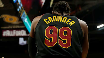 CLEVELAND, OH - JANUARY 20: Jae Crowder #99 of the Cleveland Cavaliers waits for the ball to be put into play during the game against the Oklahoma City Thunder at Quicken Loans Arena on January 20, 2018 in Cleveland, Ohio. NOTE TO USER: User expressly acknowledges and agrees that, by downloading and or using this photograph, User is consenting to the terms and conditions of the Getty Images License Agreement. (Photo by Kirk Irwin/Getty Images)