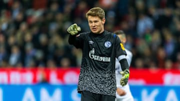 LEVERKUSEN, GERMANY - DECEMBER 07: Alexander Nuebel of FC Schalke 04 gestures during the Bundesliga match between Bayer 04 Leverkusen and FC Schalke 04 at BayArena on December 7, 2019 in Leverkusen, Germany. (Photo by TF-Images/Getty Images)