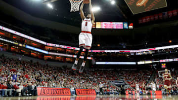 LOUISVILLE, KY - JANUARY 21: V.J. King #0 of the Louisville Cardinals shoots the ball against the Boston College Eagles at KFC YUM! Center on January 21, 2018 in Louisville, Kentucky. (Photo by Andy Lyons/Getty Images)