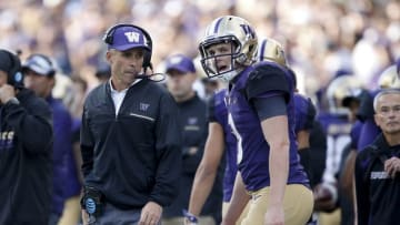 Oct 22, 2016; Seattle, WA, USA; Washington Huskies quarterback Jake Browning (3) talks to head coach Chris Petersen after Browning scored a rushing touchdown against the Oregon State Beavers during the first quarter at Husky Stadium. Mandatory Credit: Jennifer Buchanan-USA TODAY Sports