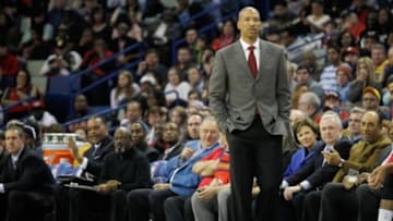 Feb 27, 2015; New Orleans, LA, USA; New Orleans Pelicans head coach Monty Williams watches as his team plays the Miami Heat at Smoothie King Center. The Pelicans won 104-102. Mandatory Credit: Rusty Costanza-USA TODAY Sports