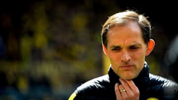 Dortmund's head coach Thomas Tuchel reacts during the German first division Bundesliga football match between Borussia Dortmund and FC Cologne on April 29, 2017 in Dortmund, western Germany. / AFP PHOTO / SASCHA SCHUERMANN / RESTRICTIONS: DURING MATCH TIME: DFL RULES TO LIMIT THE ONLINE USAGE TO 15 PICTURES PER MATCH AND FORBID IMAGE SEQUENCES TO SIMULATE VIDEO. == RESTRICTED TO EDITORIAL USE == FOR FURTHER QUERIES PLEASE CONTACT DFL DIRECTLY AT 49 69 650050 (Photo credit should read SASCHA SCHUERMANN/AFP/Getty Images)