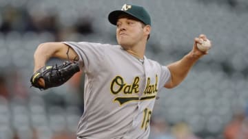 May 7, 2016; Baltimore, MD, USA; Oakland Athletics starting pitcher Rich Hill (18) pitches during the first inning against the Baltimore Orioles at Oriole Park at Camden Yards. Mandatory Credit: Tommy Gilligan-USA TODAY Sports