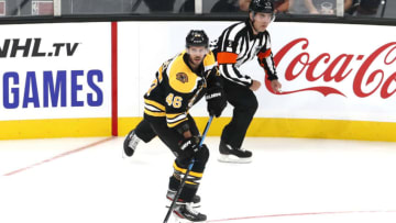 BOSTON, MA - SEPTEMBER 23: Boston Bruins center David Krejci (46) looks to pass during a preseason game between the Boston Bruins and the Philadelphia Flyers on September 23, 2019, at TD Garden in Boston, Massachusetts. (Photo by Fred Kfoury III/Icon Sportswire via Getty Images)