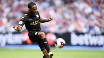LONDON, ENGLAND - AUGUST 10: Raheem Sterling of Manchester City scores his team's third goal during the Premier League match between West Ham United and Manchester City at London Stadium on August 10, 2019 in London, United Kingdom. (Photo by Laurence Griffiths/Getty Images)