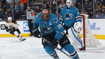 SAN JOSE, CA - FEBRUARY 19: Joe Thornton #19 of the San Jose Sharks skates against the Boston Bruins at SAP Center on February 19, 2017 in San Jose, California. (Photo by Rocky W. Widner/NHL/Getty Images)