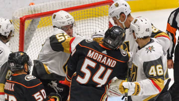 IRVINE, CA - SEPTEMBER 10: The Golden Knights"u2019 Dylan Coghlan (52) takes a swing at the Ducks"u2019 Antonine Morand (54) during their game in the 2019 Anaheim Rookie Face Off at the Great Park Ice & Fivepoint Arena in Irvine, CA, on Tuesday, Sep 10, 2019. (Photo by Jeff Gritchen/MediaNews Group/Orange County Register via Getty Images)