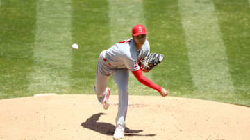OAKLAND, CALIFORNIA - JULY 26: Shohei Ohtani #17 of the Los Angeles Angels pitches against the Oakland Athletics in the first inning at Oakland-Alameda County Coliseum on July 26, 2020 in Oakland, California. The 2020 season had been postponed since March due to the COVID-19 pandemic. (Photo by Ezra Shaw/Getty Images)