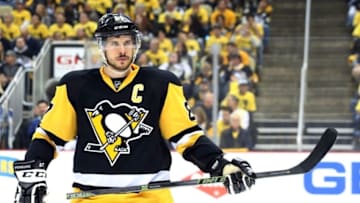 May 16, 2016; Pittsburgh, PA, USA; Pittsburgh Penguins center Sidney Crosby (87) prepares for a face-off against the Tampa Bay Lightning during the first period in game two of the Eastern Conference Final of the 2016 Stanley Cup Playoffs at the CONSOL Energy Center. Mandatory Credit: Charles LeClaire-USA TODAY Sports
